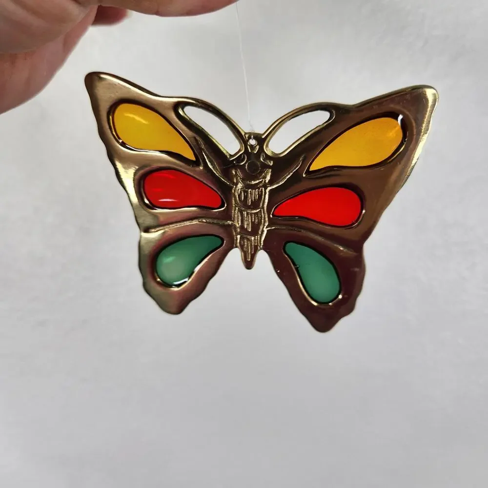 Vintage Brass & Glass Butterfly Suncatcher Hanging Decor Collectible